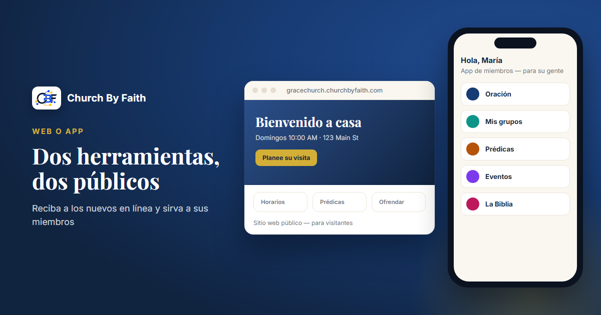 Ilustración de Church By Faith: un sitio web de iglesia junto a la app de miembros en un teléfono (datos de ejemplo).