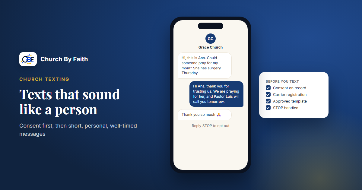 Church By Faith illustration: a one-to-one text conversation between a church and a member (sample data).