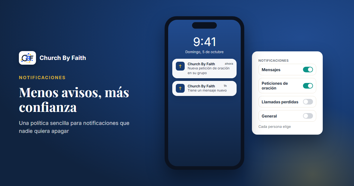 Ilustración de Church By Faith: un teléfono con notificaciones de la iglesia y ajustes por categoría (datos de ejemplo).